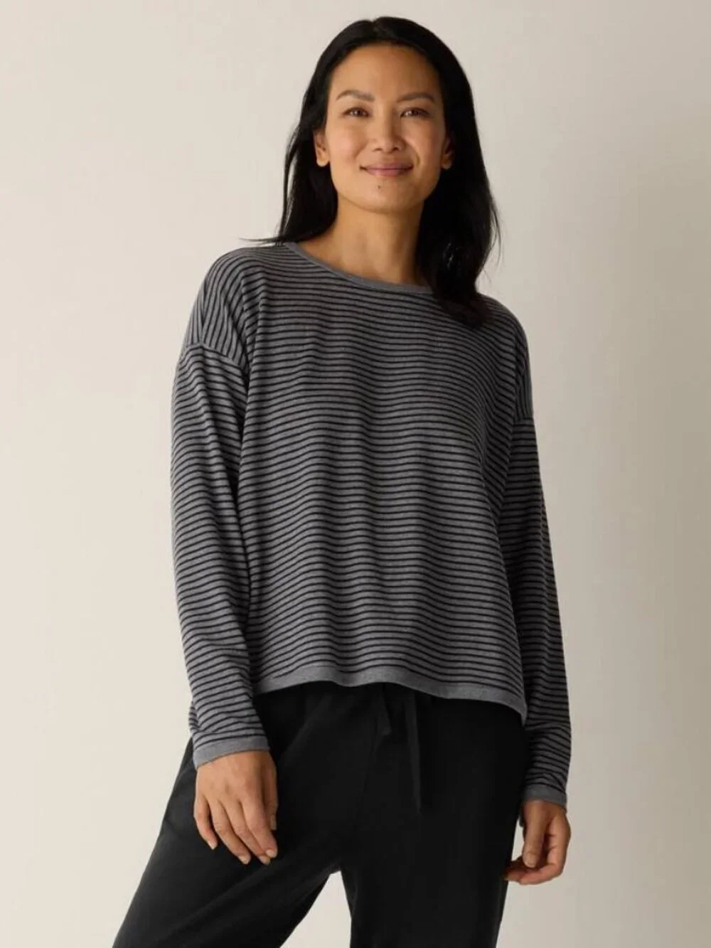 NWT Eileen Fisher Striped Cozy Brushed Terry Box Top Gray Black Size L